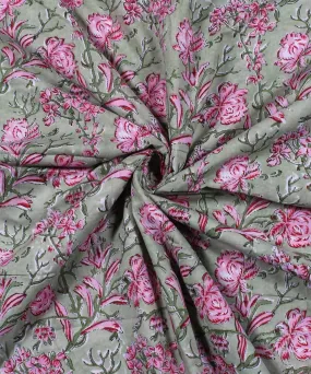 0.45m Green handblock print floral cotton fabric