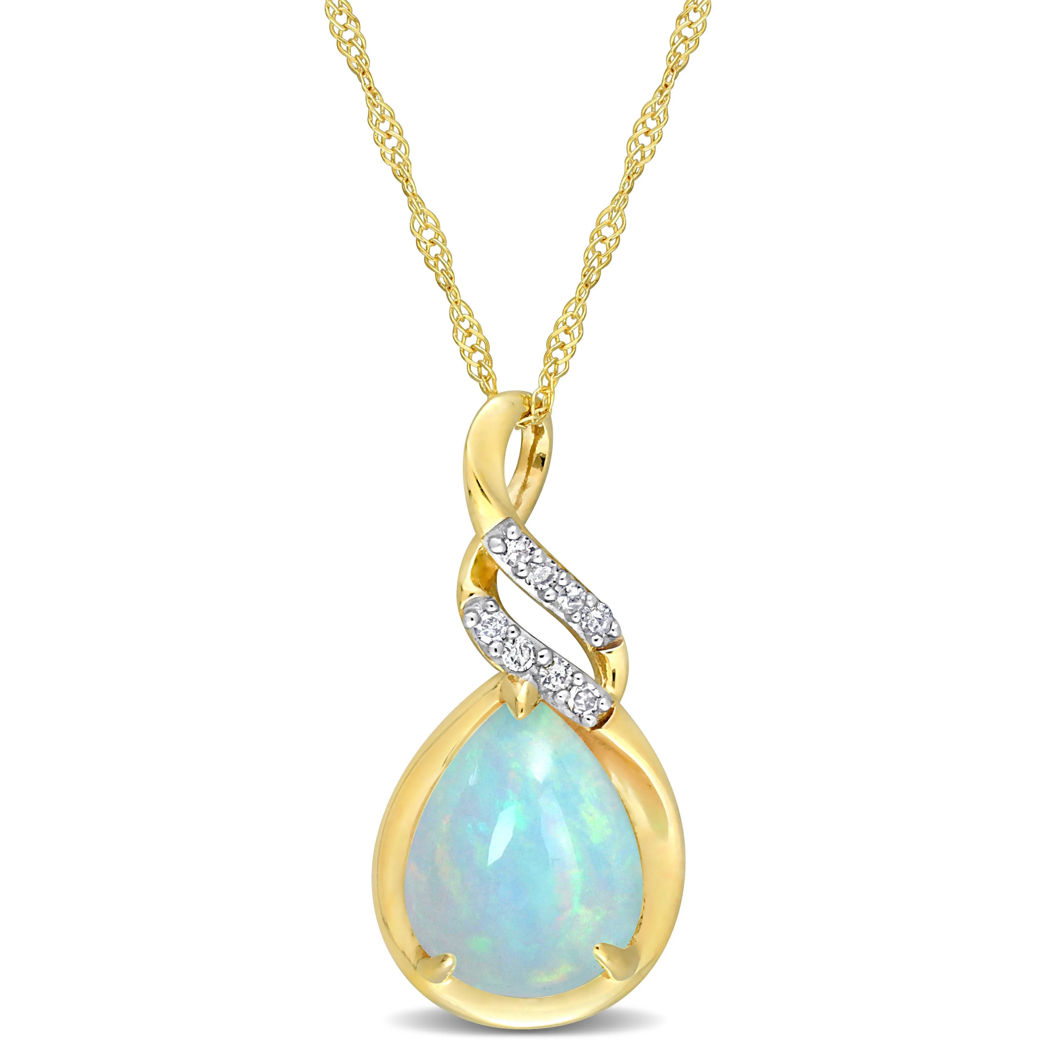 1 1/5 CT TGW Ethiopian Blue Opal and Diamond Accent Twist Pendant with Chain in 10K Yellow Gold