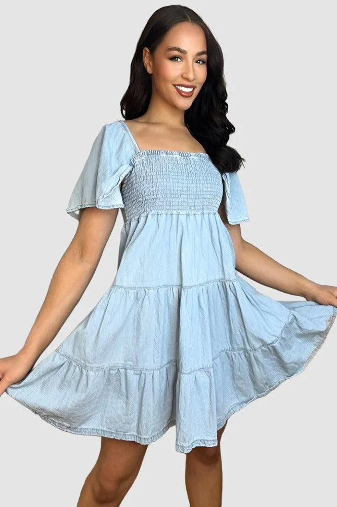 100% Cotton Light Denim Blue Milkmaid Dress