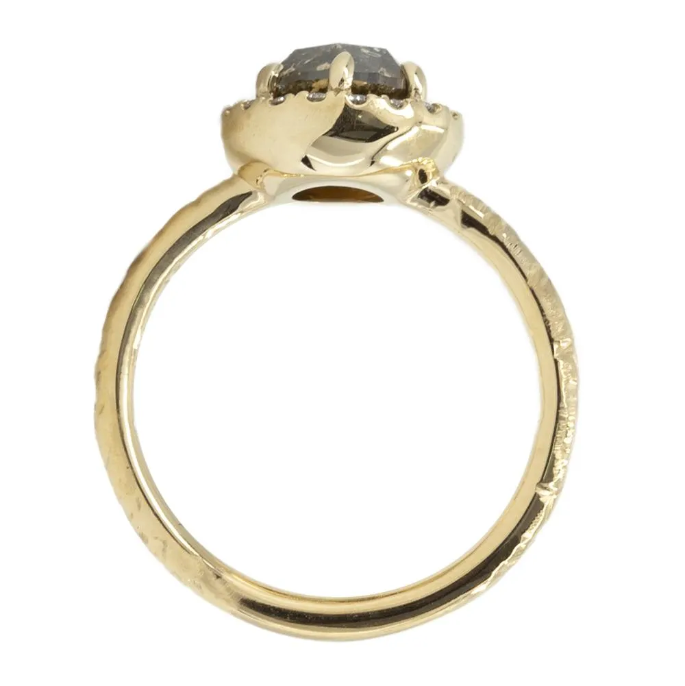 1.31ct Champagne Rosecut Salt and Pepper Diamond Ring in Low Profile Halo in 14k Yellow Gold