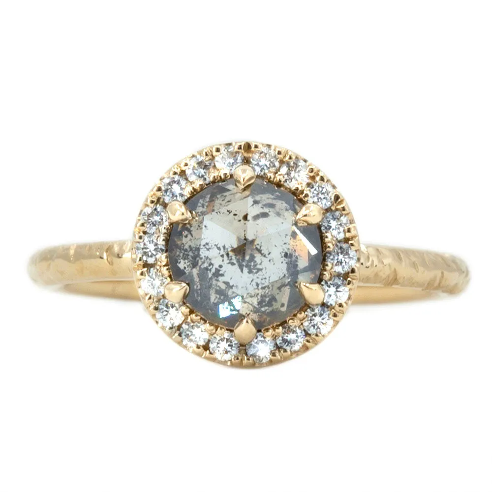 1.31ct Champagne Rosecut Salt and Pepper Diamond Ring in Low Profile Halo in 14k Yellow Gold