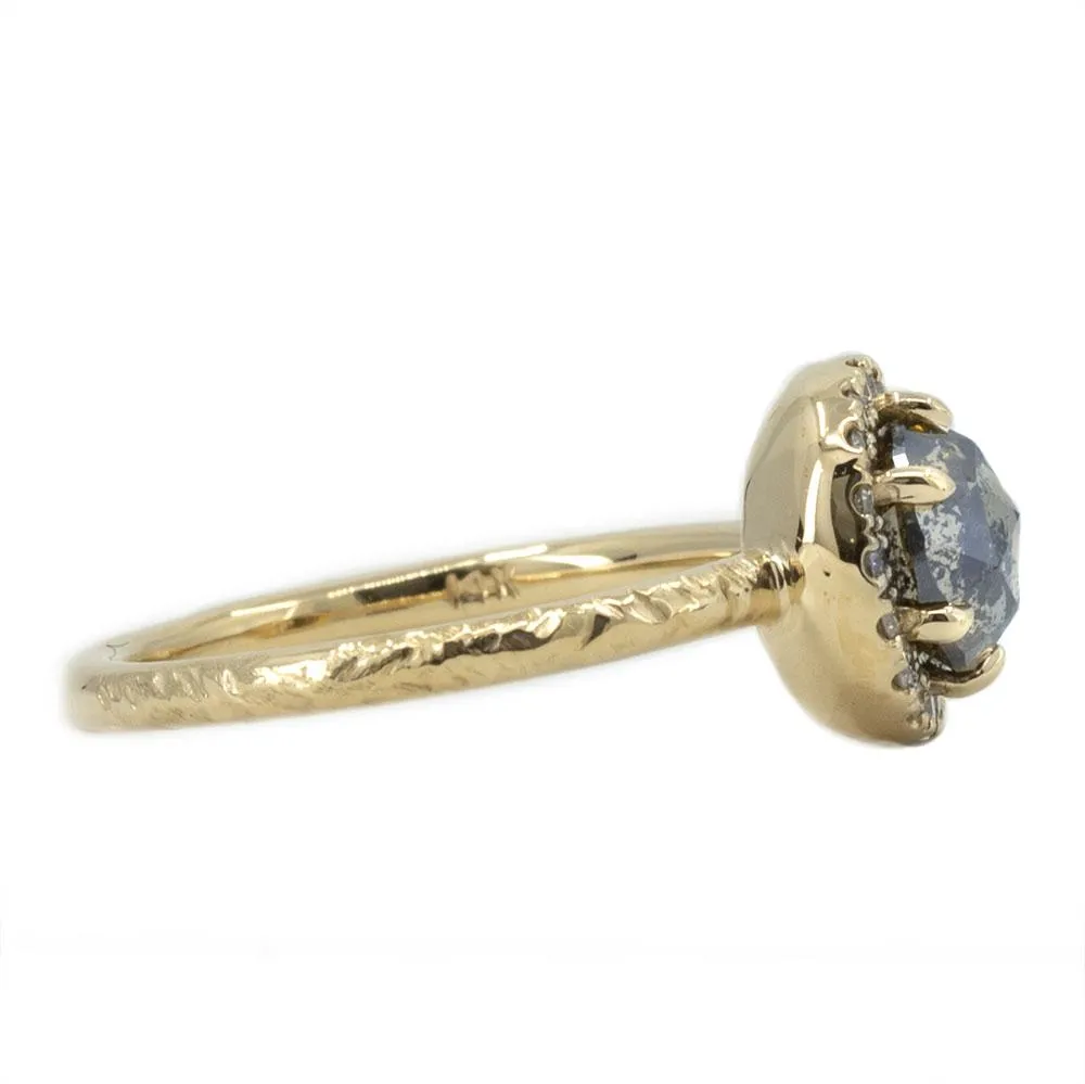 1.31ct Champagne Rosecut Salt and Pepper Diamond Ring in Low Profile Halo in 14k Yellow Gold