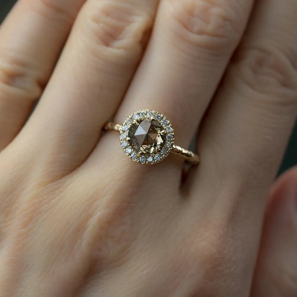 1.31ct Champagne Rosecut Salt and Pepper Diamond Ring in Low Profile Halo in 14k Yellow Gold