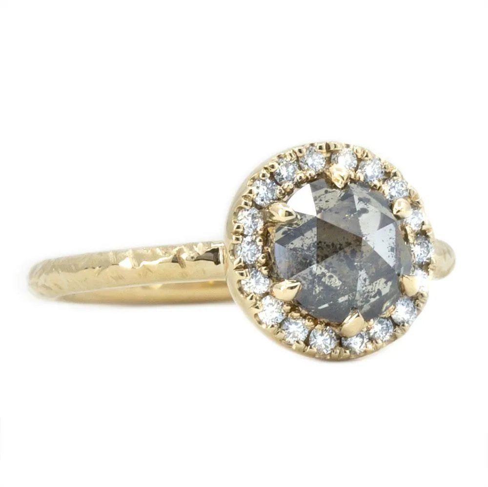 1.31ct Champagne Rosecut Salt and Pepper Diamond Ring in Low Profile Halo in 14k Yellow Gold