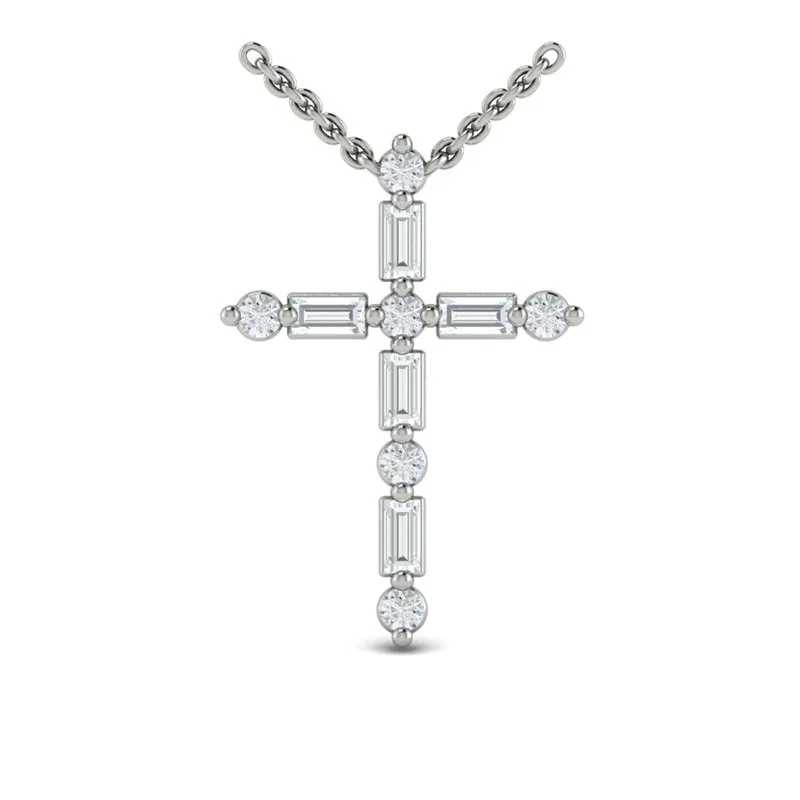 14K WHITE GOLD 16-18 INCH ROUND DIAMOND AND BAGUETTE CROSS NECKLACE 0.55CTW