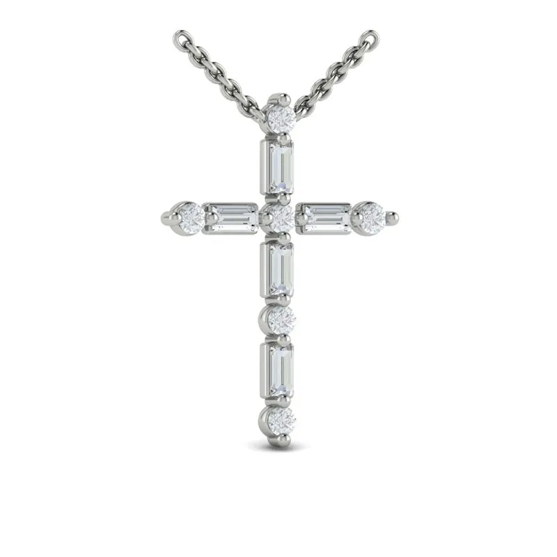 14K WHITE GOLD 16-18 INCH ROUND DIAMOND AND BAGUETTE CROSS NECKLACE 0.55CTW