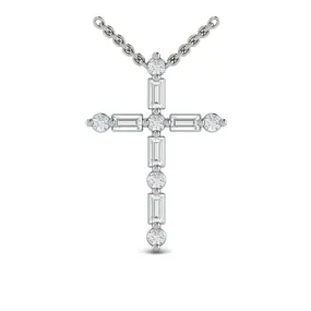 14K WHITE GOLD 16-18 INCH ROUND DIAMOND AND BAGUETTE CROSS NECKLACE 0.55CTW