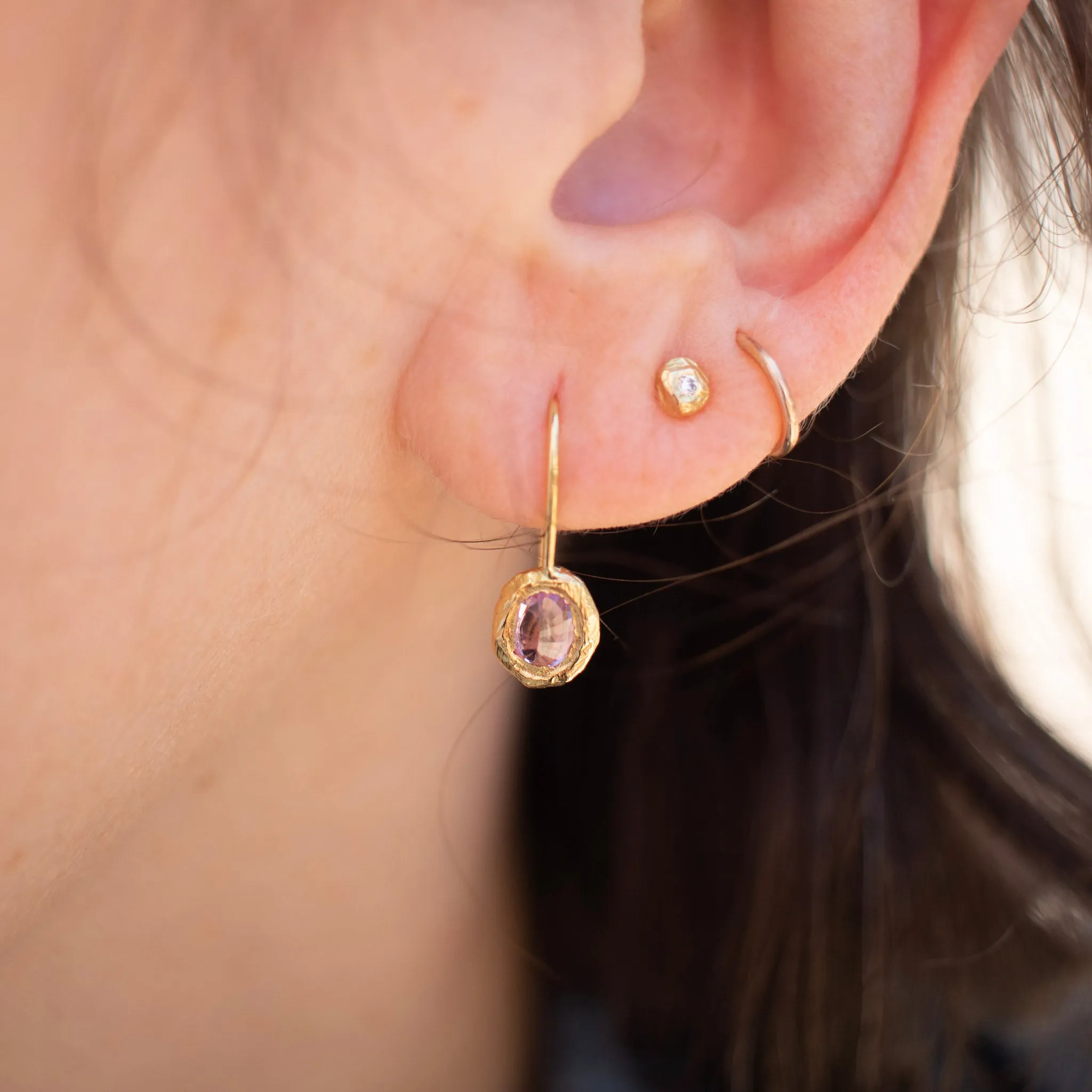 18K Oval Fixed Hook Earrings in Pink Sapphire