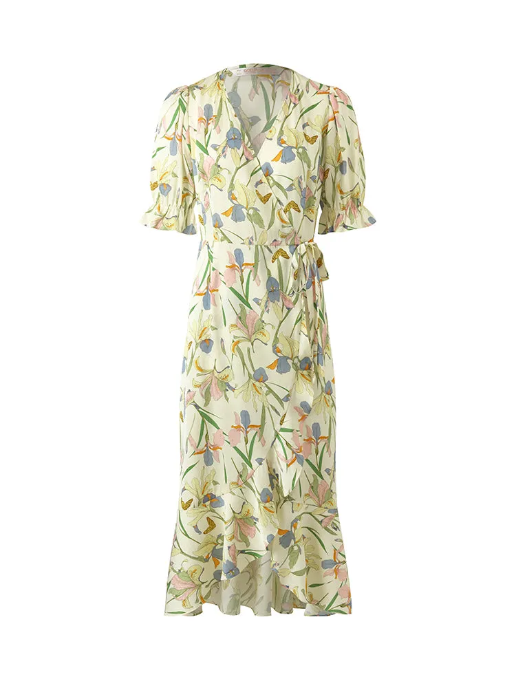 19 Momme Mulberry Silk Iris Printed Ruffled Hem Women Midi Wrapped Dress With Scrunchies