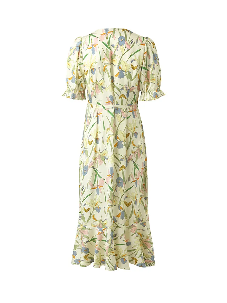 19 Momme Mulberry Silk Iris Printed Ruffled Hem Women Midi Wrapped Dress With Scrunchies