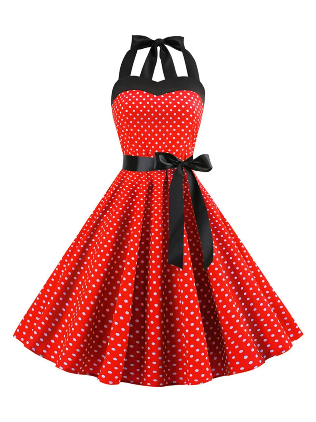 1950s Polka Dot Bow Tie Halter Swing Dress