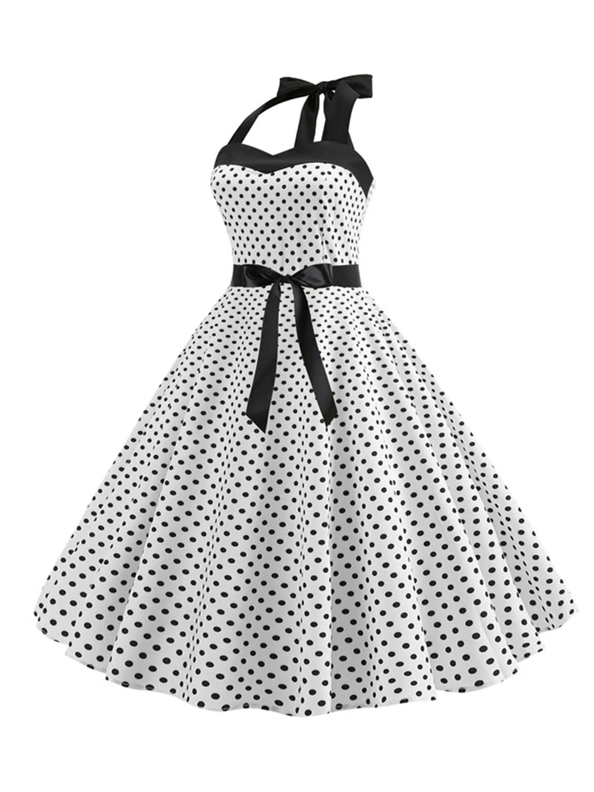 1950s Polka Dot Bow Tie Halter Swing Dress