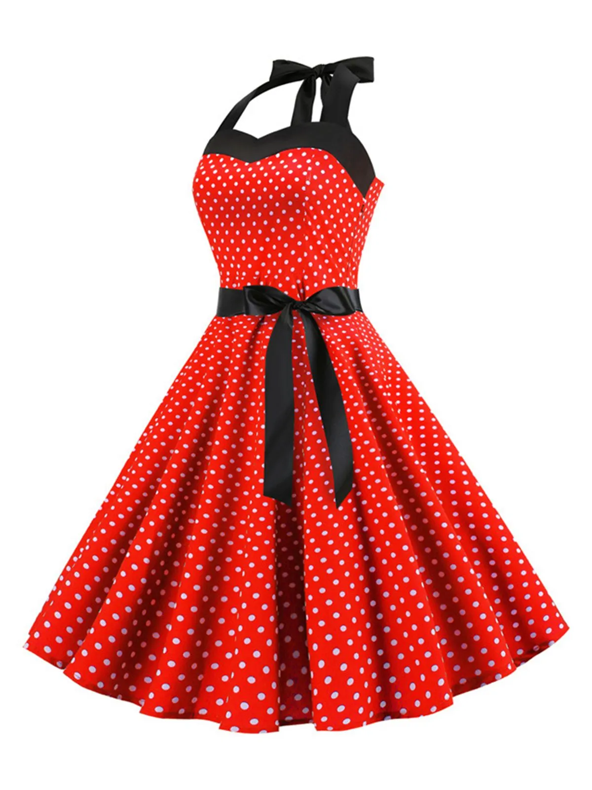 1950s Polka Dot Bow Tie Halter Swing Dress