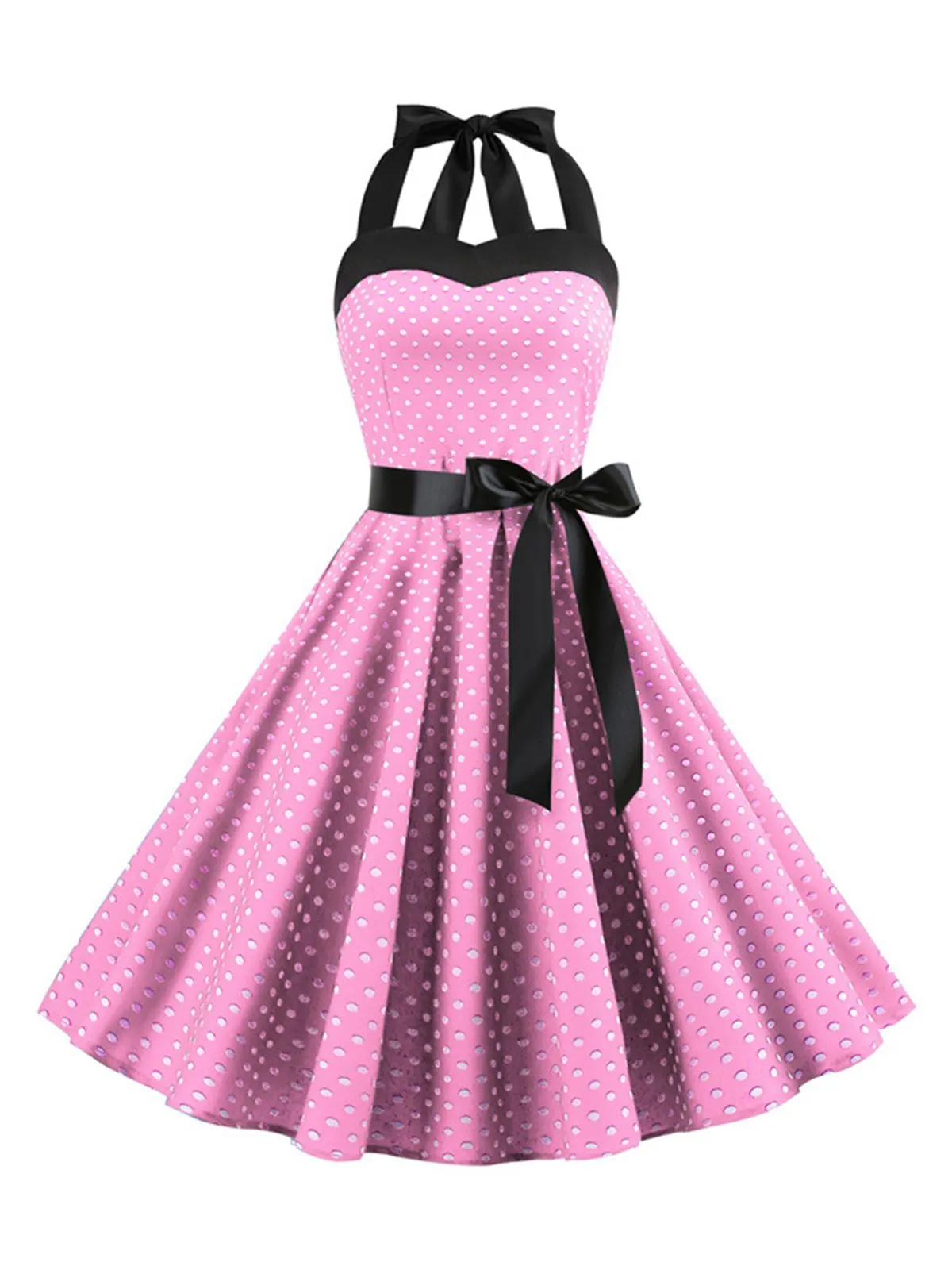 1950s Polka Dot Bow Tie Halter Swing Dress