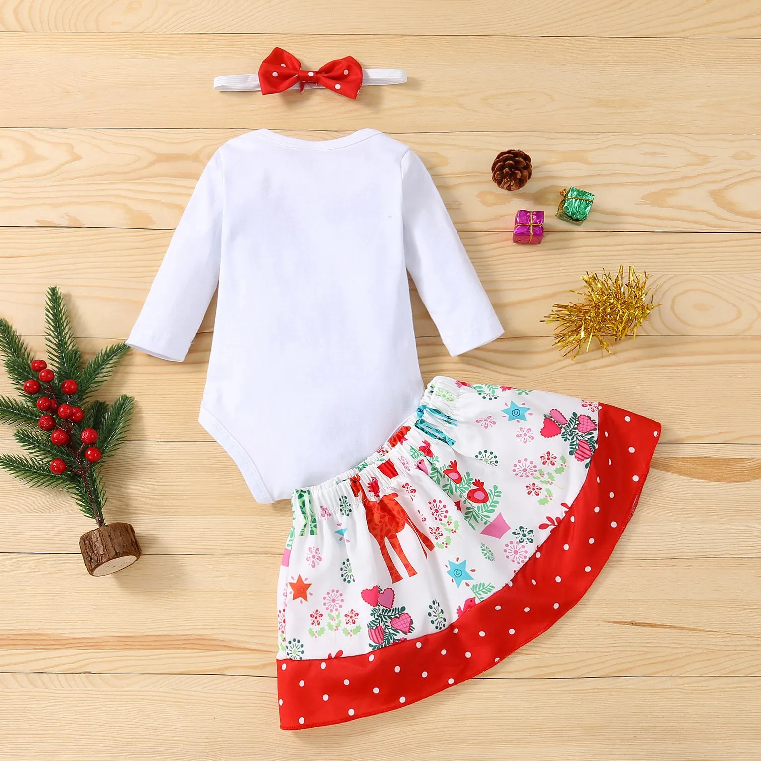 2 Pieces Set Baby Kid Girls Christmas Letters Print Rompers And Polka dots Skirts Wholesale 23101511