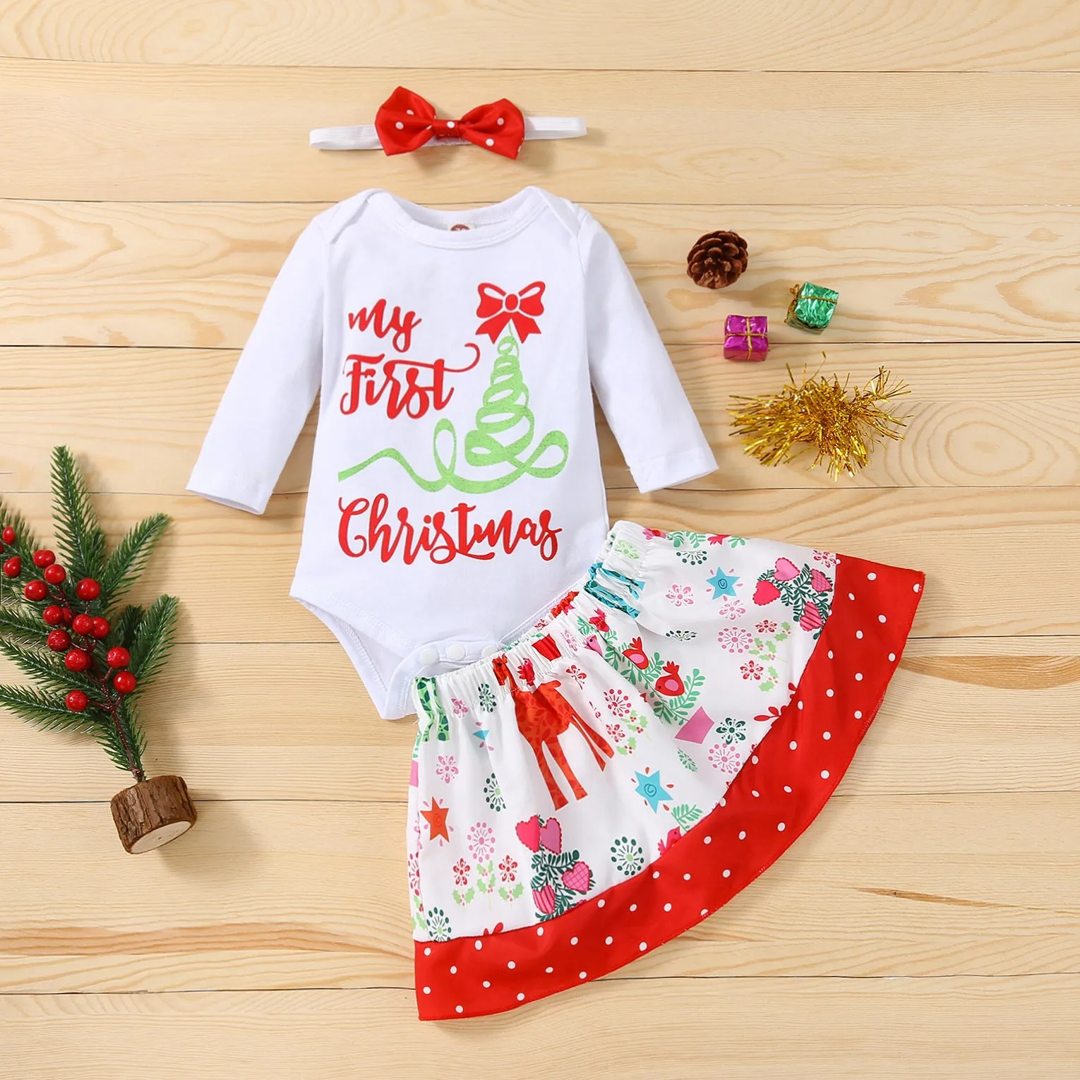 2 Pieces Set Baby Kid Girls Christmas Letters Print Rompers And Polka dots Skirts Wholesale 23101511