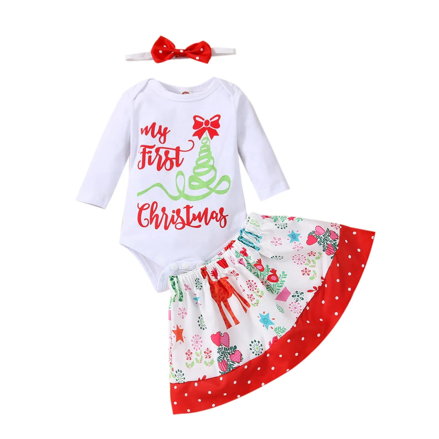 2 Pieces Set Baby Kid Girls Christmas Letters Print Rompers And Polka dots Skirts Wholesale 23101511