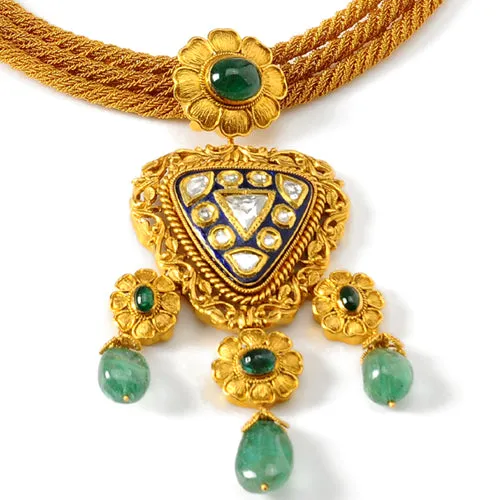 22k Gold Uncut Diamond and Emerald Noma Necklace