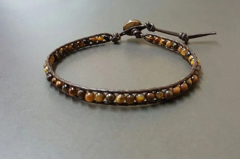 4 mm Tiger Eye Leather Wrap Bracelet Anklet, Leather Bracelet, Beaded Bracelet, Women Anklet , Unisex Bracelet,Men Bracelet