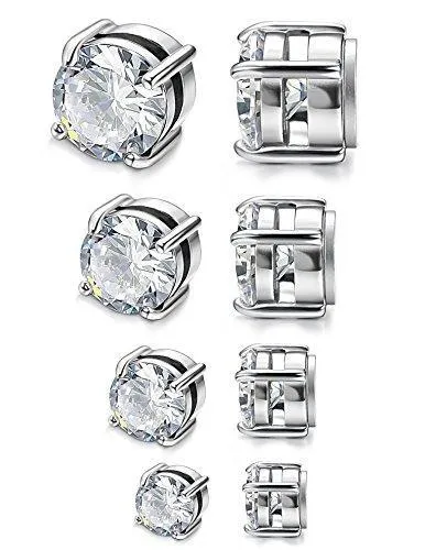 4 Pairs Stainless Steel Men Women Magnetic Stud Earrings Non-piercing CZ 4-7mm