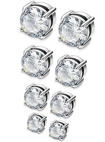 4 Pairs Stainless Steel Men Women Magnetic Stud Earrings Non-piercing CZ 4-7mm