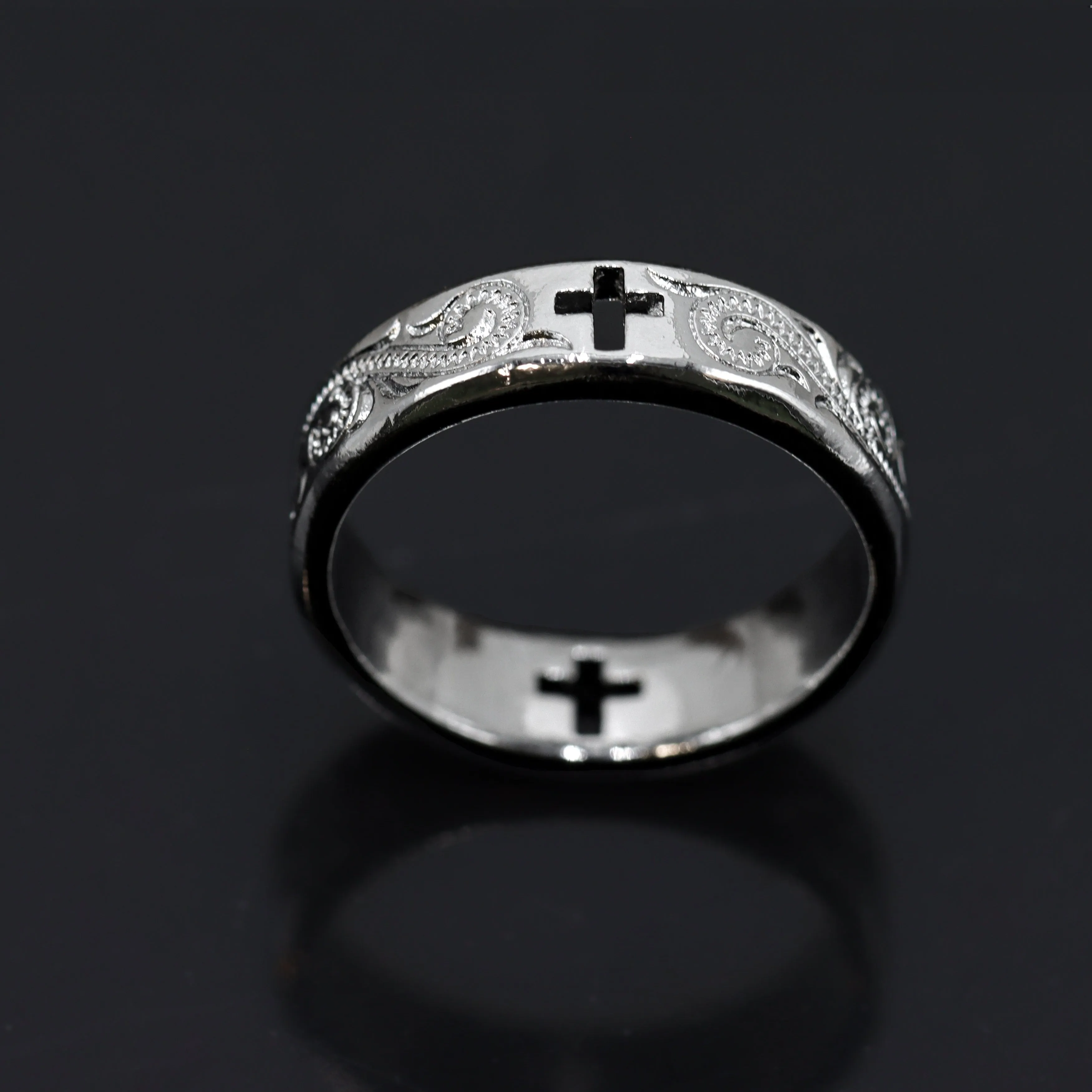 7mm Titanium Ring Hollow Cross Cut Out Hand Floral Design