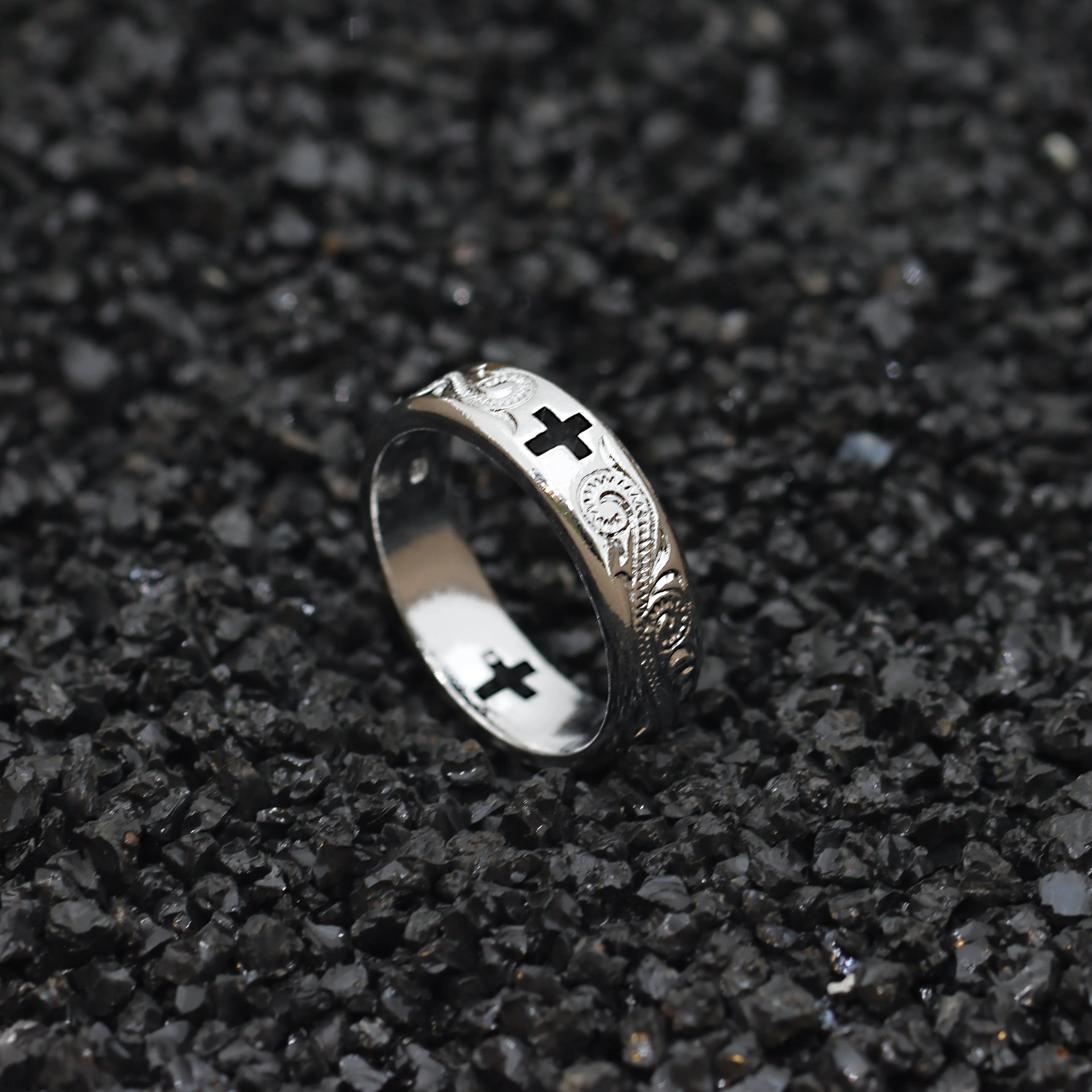 7mm Titanium Ring Hollow Cross Cut Out Hand Floral Design