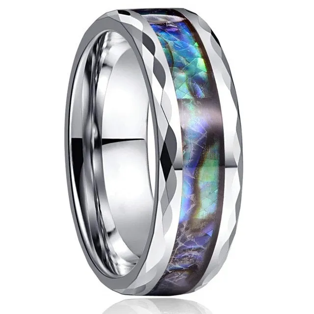 8mm Abalone Shell Inlay Multi-Faceted Stainless Steel Wedding Band