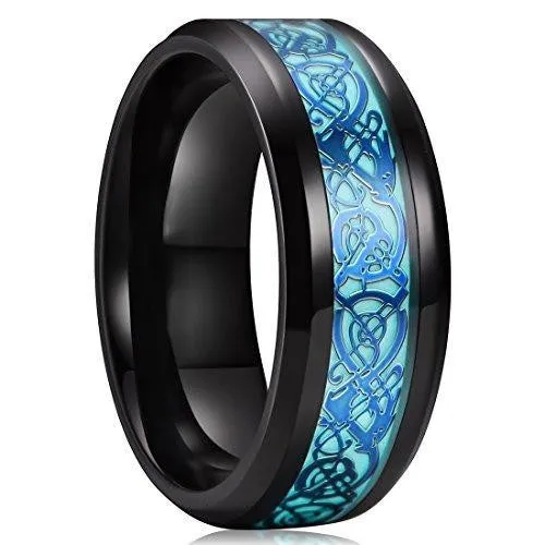 8mm Blue Celtic Dragon Luminous Glow Black Titanium Wedding Ring for Unisex