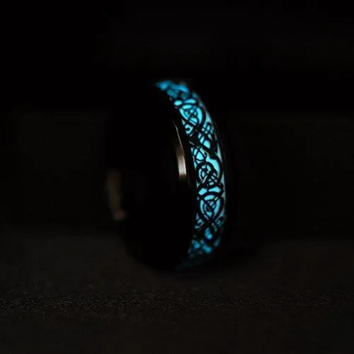 8mm Blue Celtic Dragon Luminous Glow Black Titanium Wedding Ring for Unisex