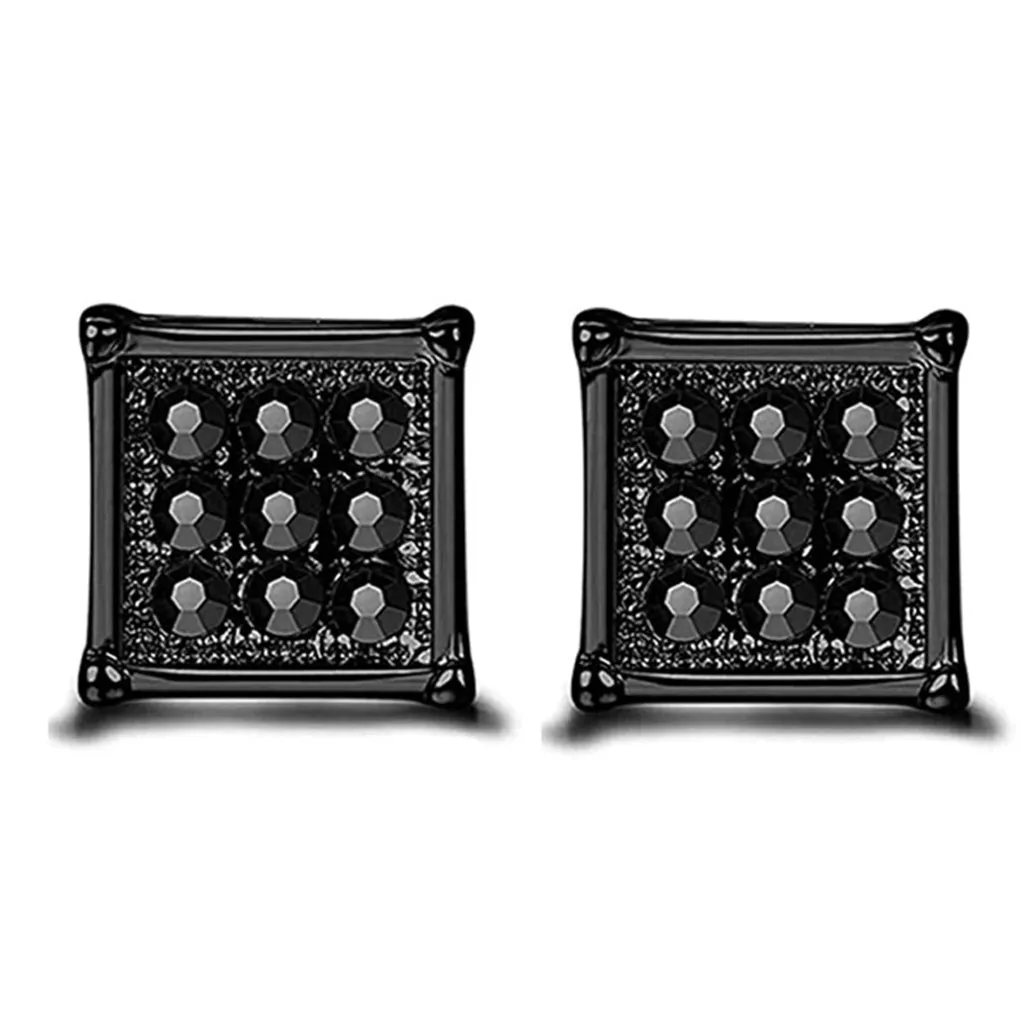 8mm Rhinestone Square Shape Magnetic Stud Black Silver Earrings