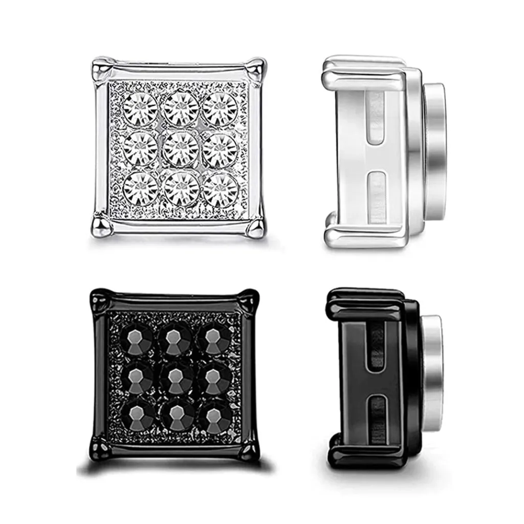 8mm Rhinestone Square Shape Magnetic Stud Black Silver Earrings