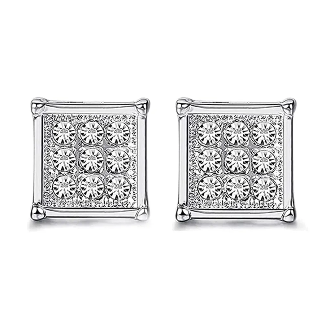 8mm Rhinestone Square Shape Magnetic Stud Black Silver Earrings