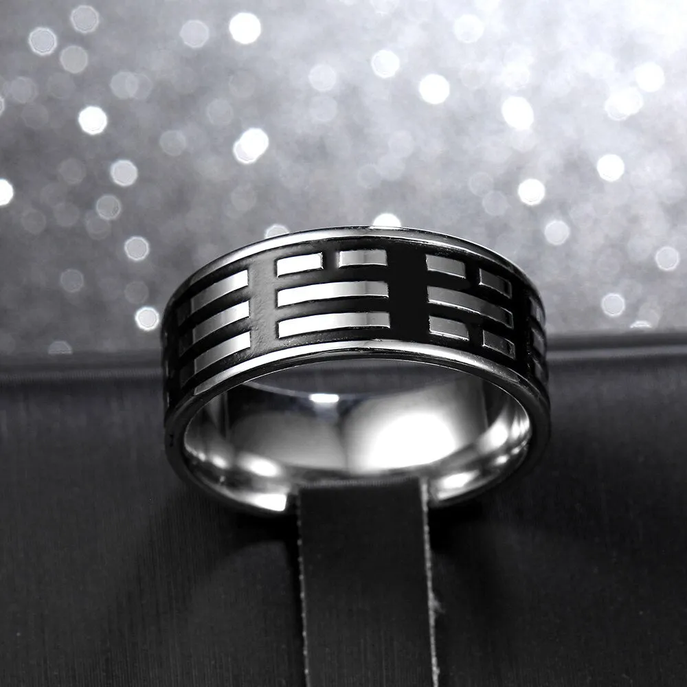 8mm Silver-Plated Horizontal Bars Stainless Steel Vintage Ring