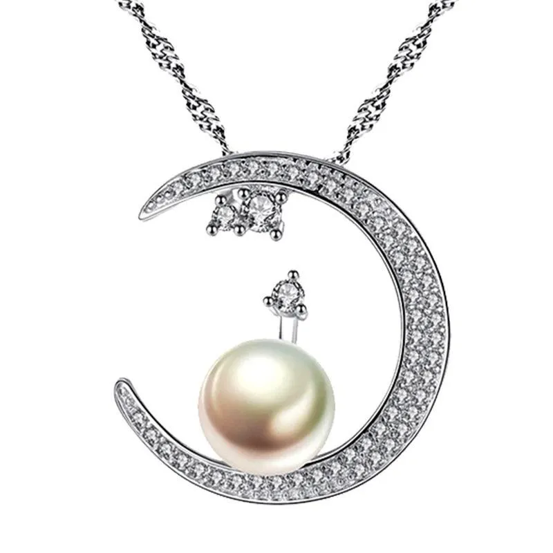 925 Sterling Silver Crescent Moon Pendant Necklace with White Pearl