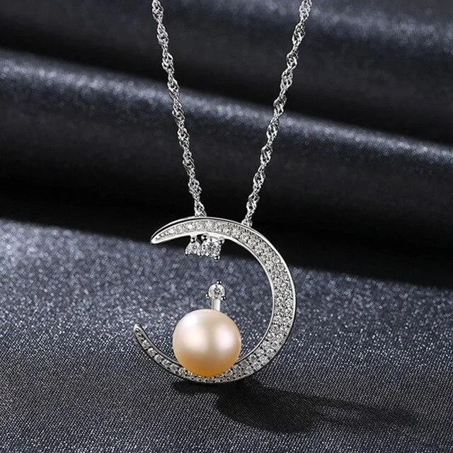 925 Sterling Silver Crescent Moon Pendant Necklace with White Pearl