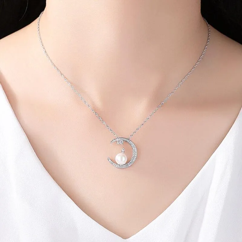 925 Sterling Silver Crescent Moon Pendant Necklace with White Pearl