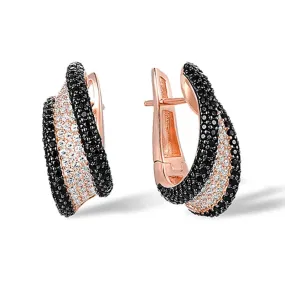 925 Sterling Silver Rose Gold & Black Cross Hoop Earrings with Zirconia