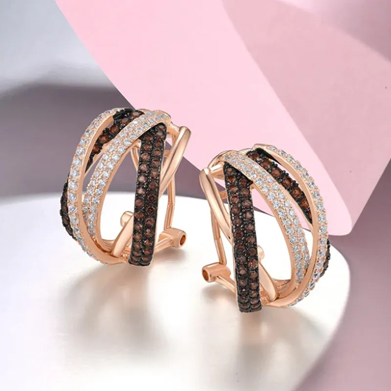 925 Sterling Silver Rose Gold & Black Cross Hoop Earrings with Zirconia