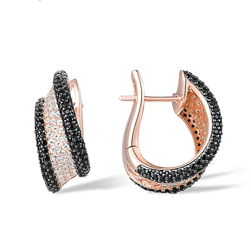 925 Sterling Silver Rose Gold & Black Cross Hoop Earrings with Zirconia