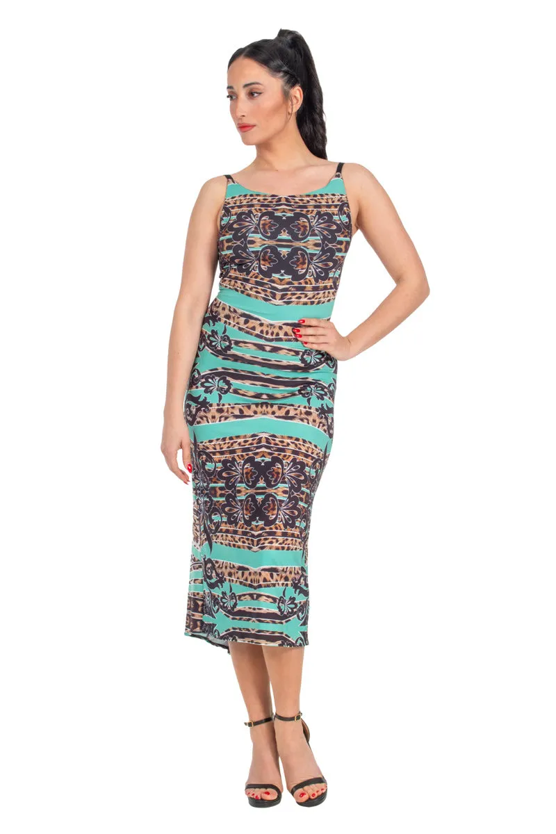 Abstract Animal Print Low Back Midi Fishtail Dress