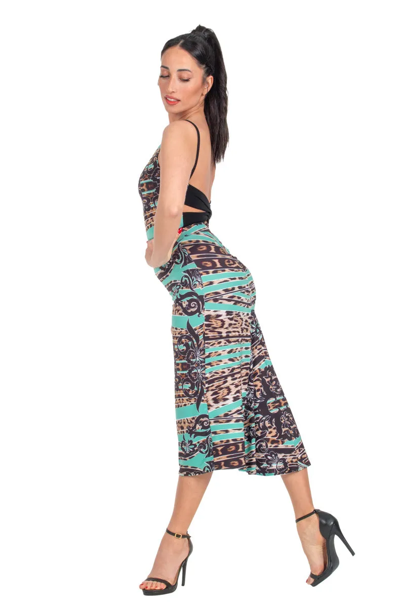 Abstract Animal Print Low Back Midi Fishtail Dress