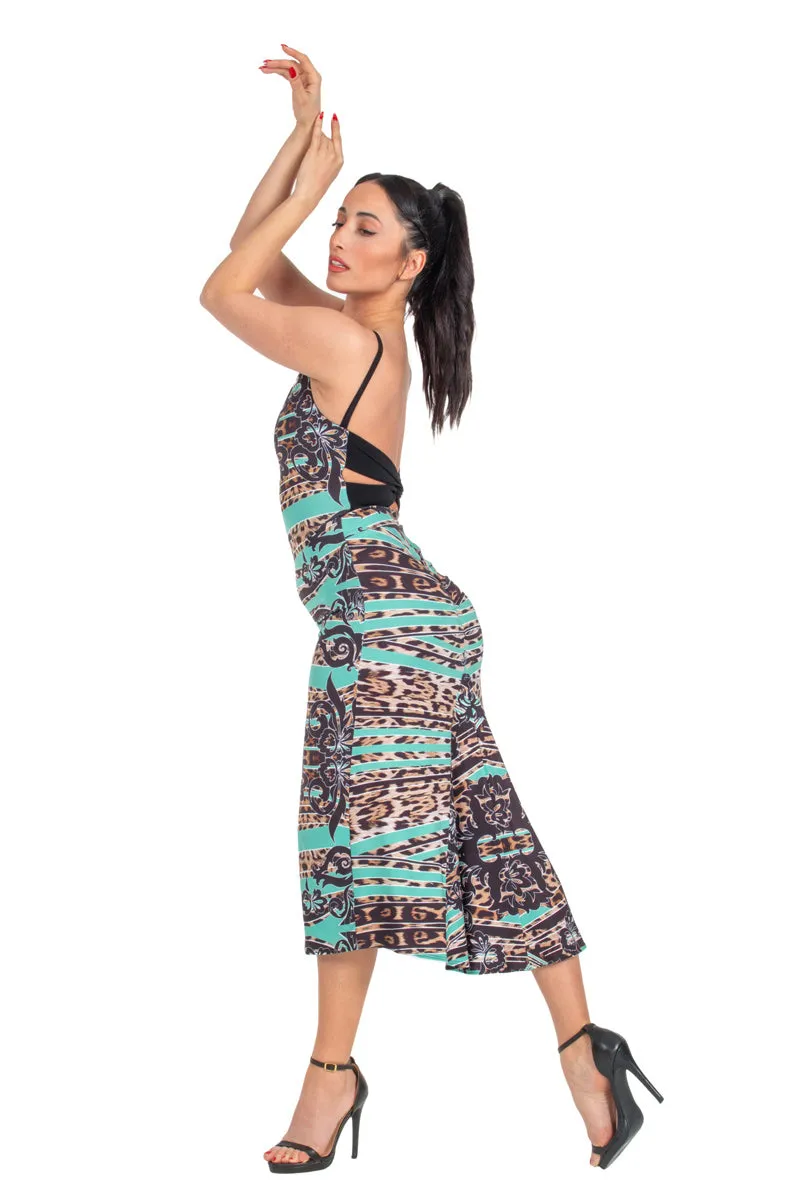 Abstract Animal Print Low Back Midi Fishtail Dress