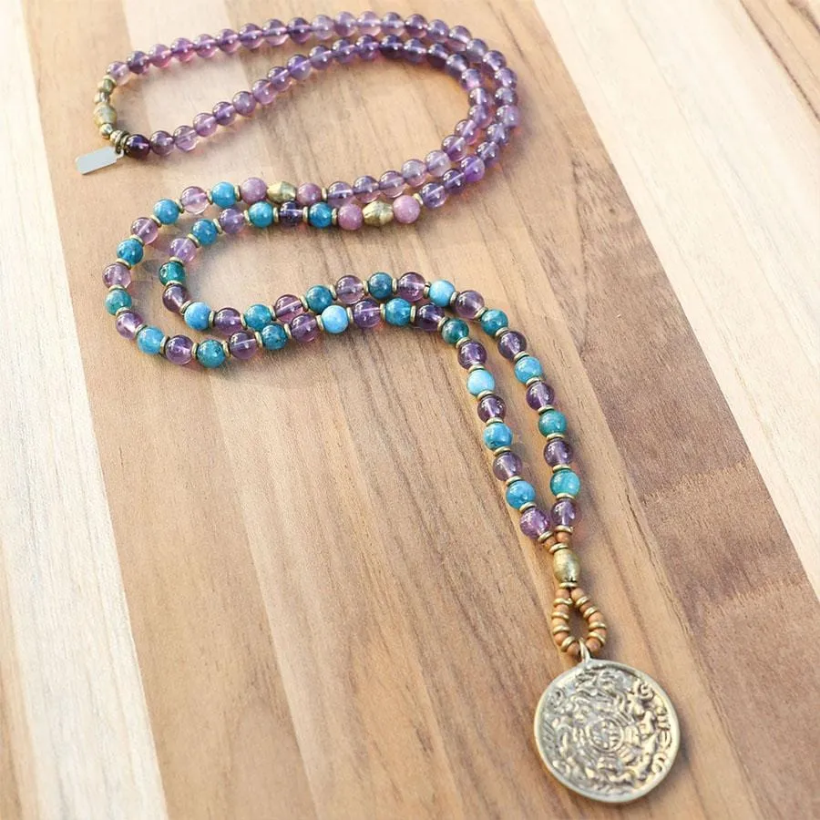 Amethyst And Apatite Mala Necklace With Tibetan Calendar Pendant