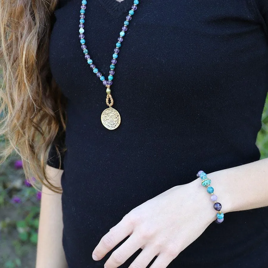 Amethyst And Apatite Mala Necklace With Tibetan Calendar Pendant