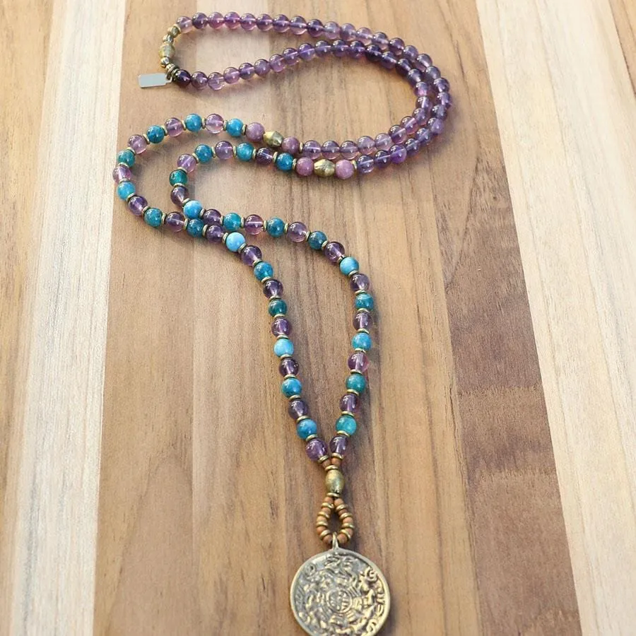 Amethyst And Apatite Mala Necklace With Tibetan Calendar Pendant