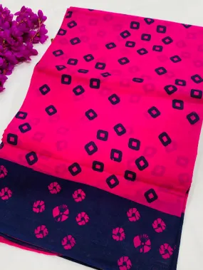 Attractive Pink Color Pure Cotton Saree With Contrast Blue Border