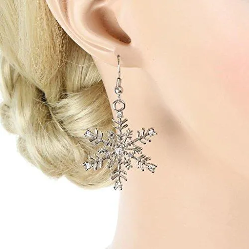 Austrian Crystal Winter Party Snowflake Pierced Hook Dangle Earrings Clear