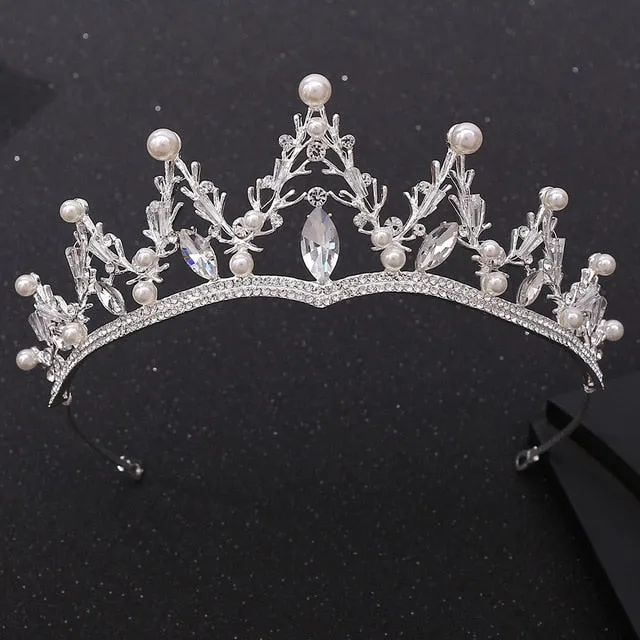 Baroque Gold/Silver, Crystal, Pearl and Rhinestone Tiara, Necklace & Earrings Wedding Jewelry Set