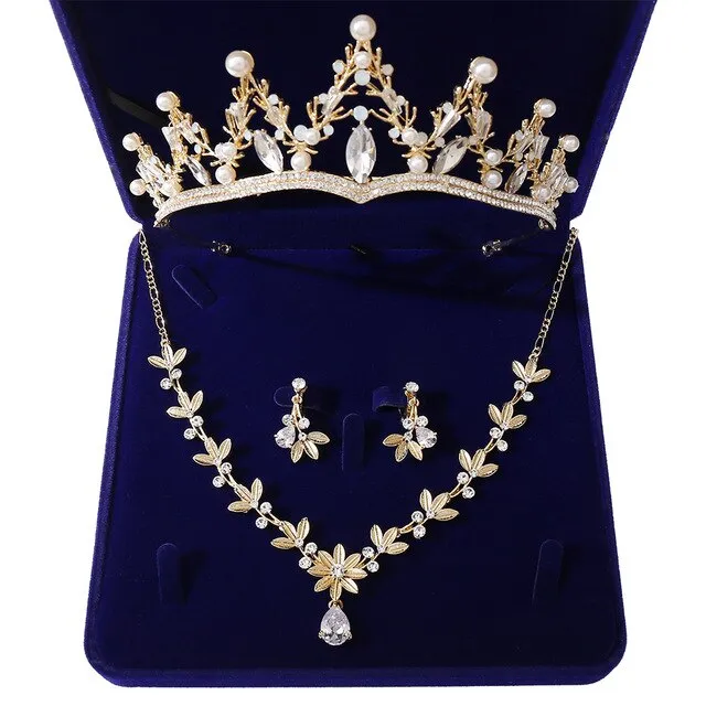 Baroque Gold/Silver, Crystal, Pearl and Rhinestone Tiara, Necklace & Earrings Wedding Jewelry Set